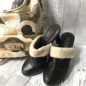 DARK BROWN COACH MULES WITH SHEARLING TRIM!!